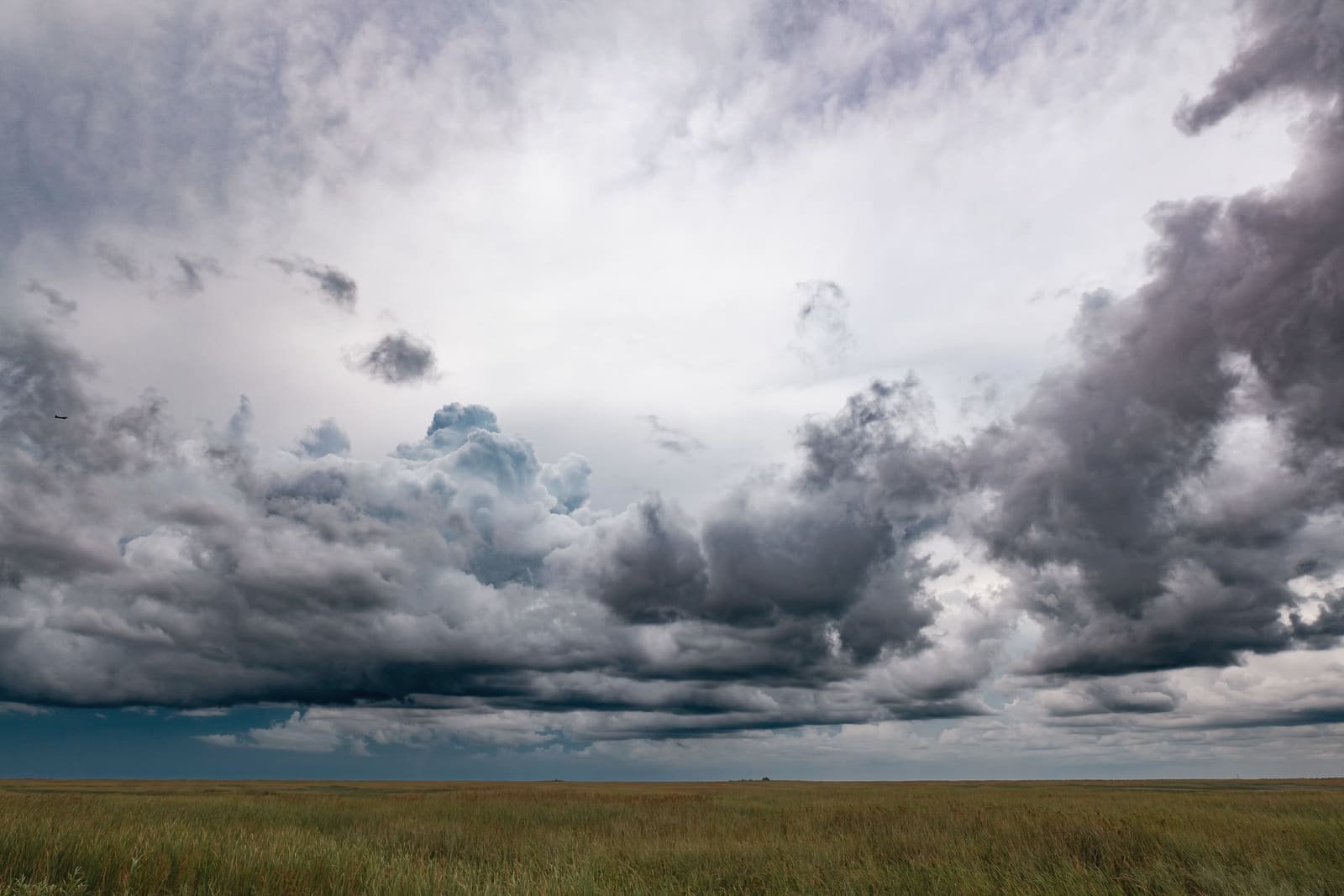 Dark storm clouds building over flat grassland under a heavy sky