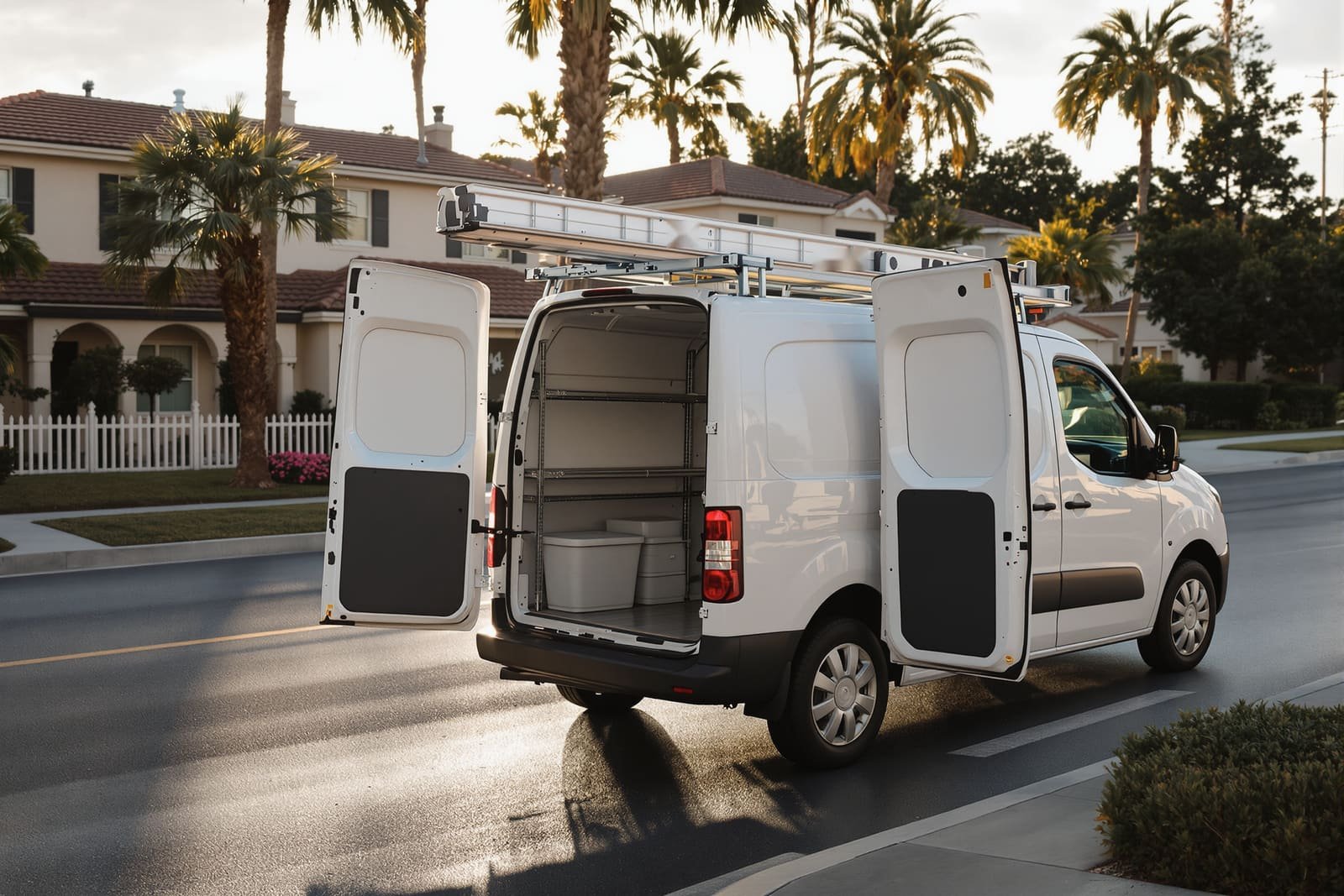 A plain white work van at the curb in low morning sun, rear doors open on steel shelving, a ladder on the roof rack, stucco houses and palms behind