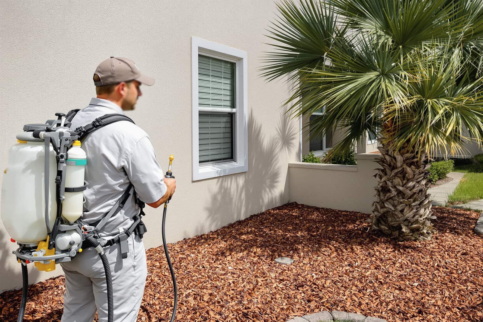 A pest-control technician with a backpack sprayer treating the mulch bed along the wall of a stucco house, a palm beside him