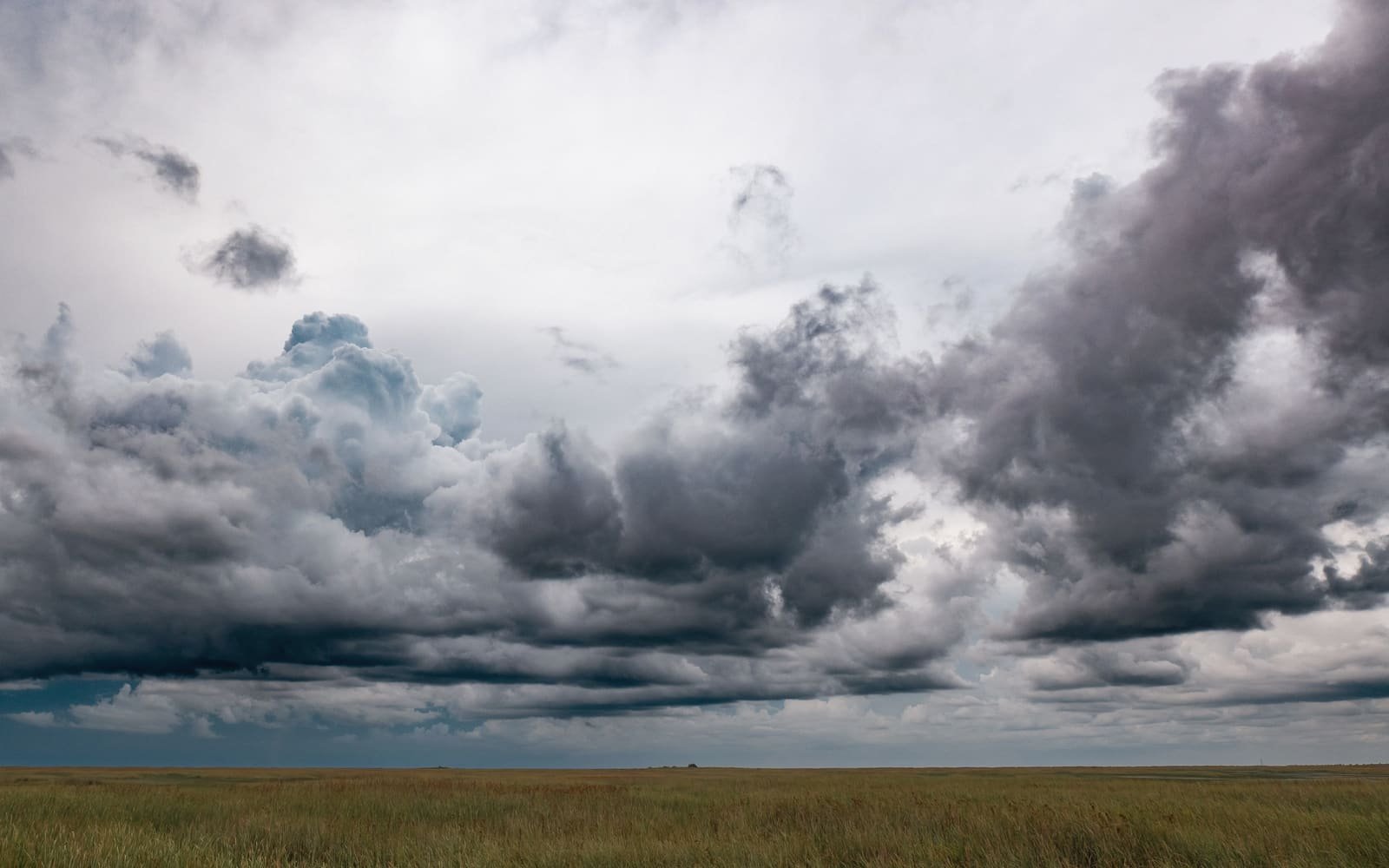 A dark band of storm cloud over flat, low country